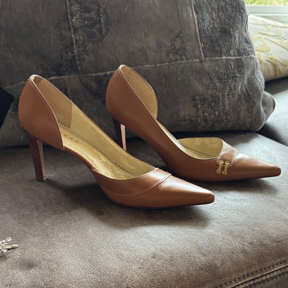 Lauren Ralph Lauren Brown Pointed Toe Pumps with Gold Accent